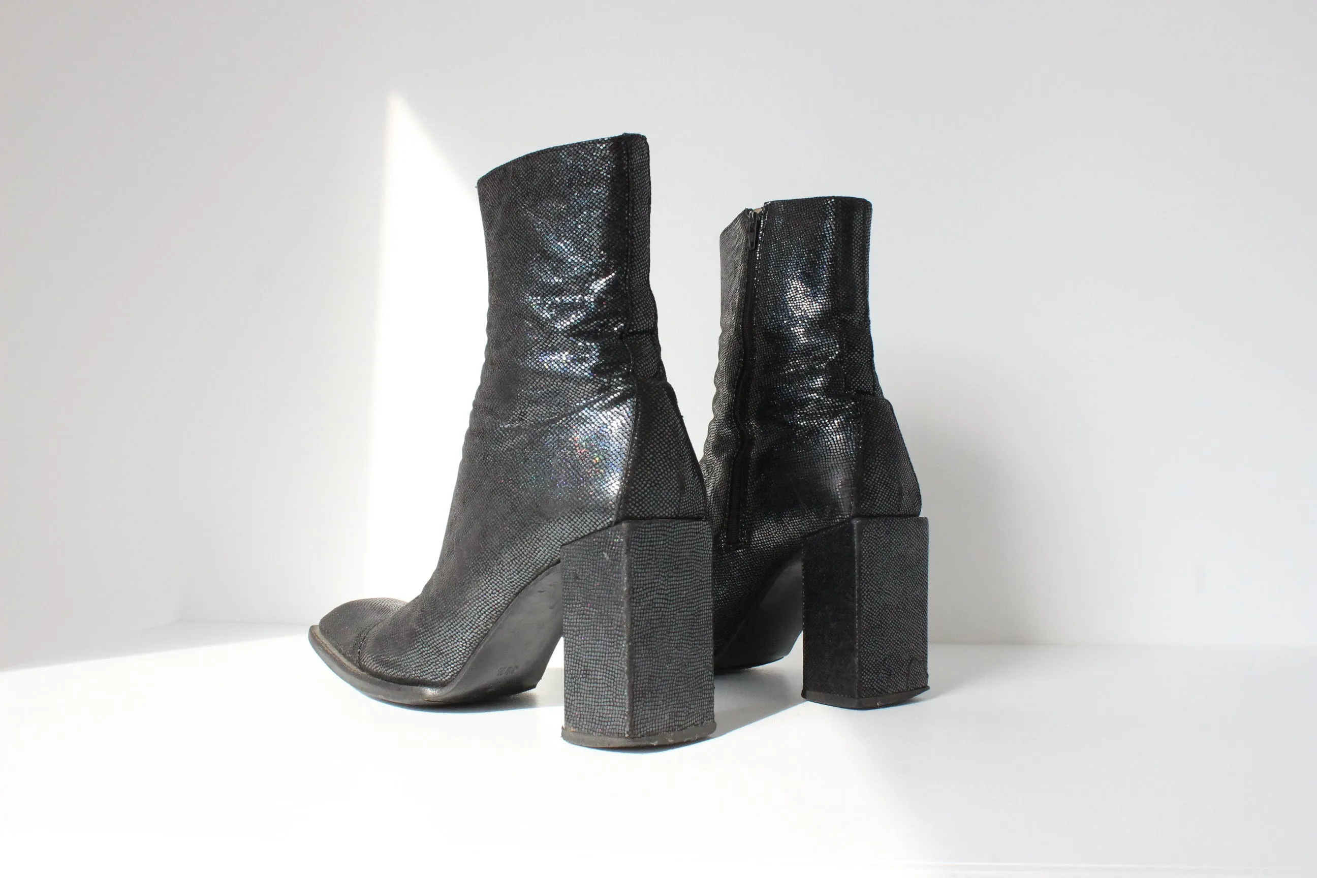 90s Michel Perry Holographic Leather Boots w/ Block Heel ~ Euro 39