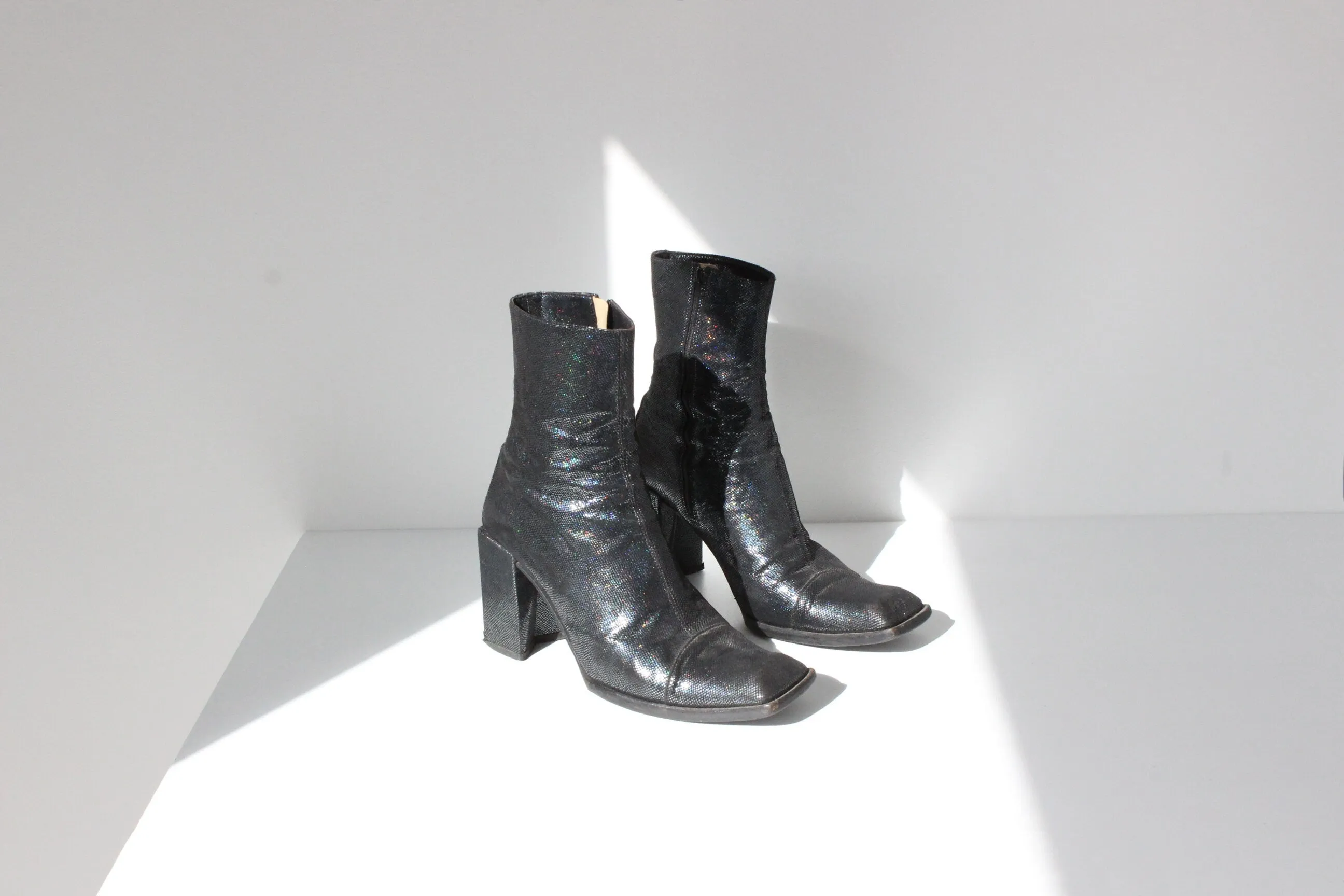90s Michel Perry Holographic Leather Boots w/ Block Heel ~ Euro 39