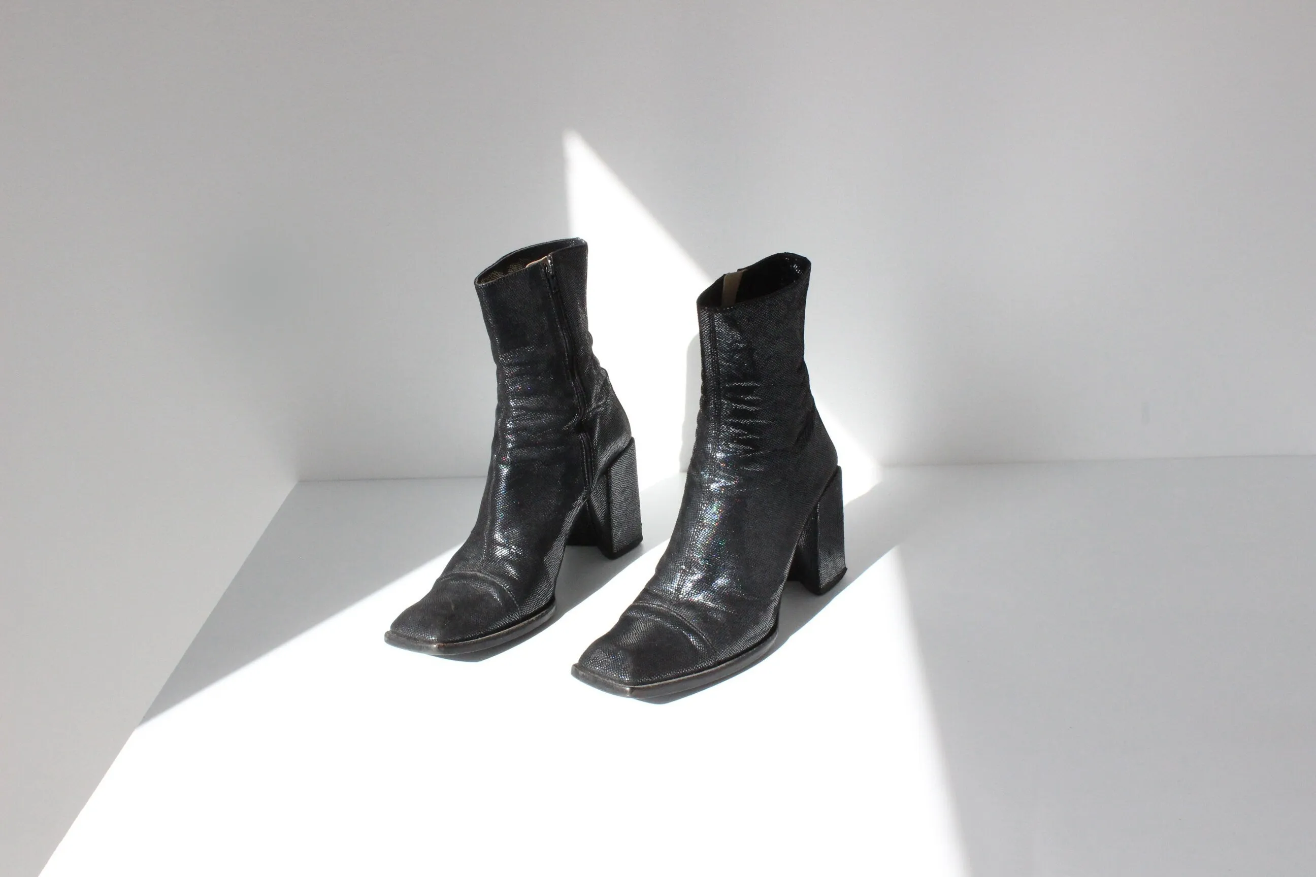 90s Michel Perry Holographic Leather Boots w/ Block Heel ~ Euro 39
