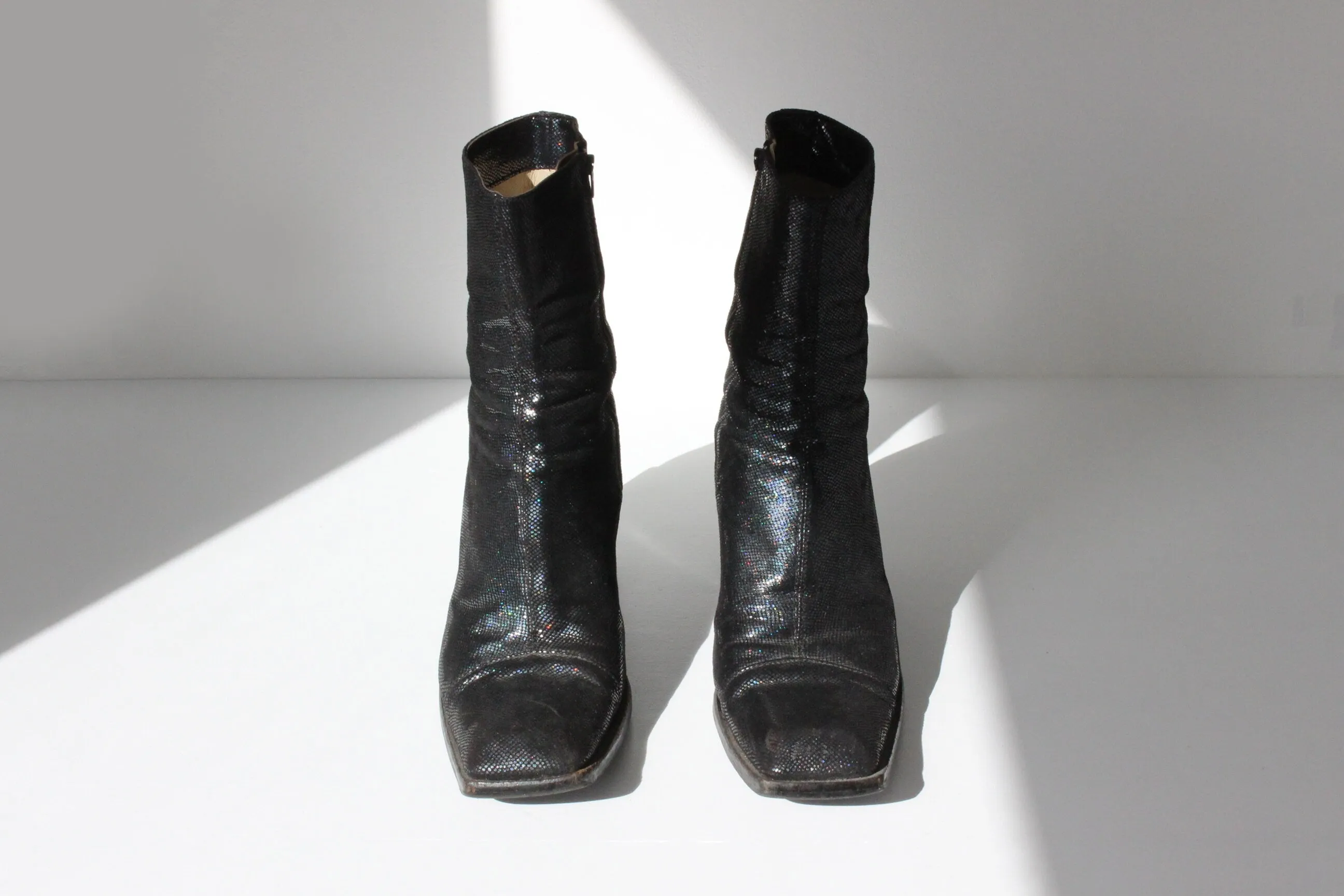 90s Michel Perry Holographic Leather Boots w/ Block Heel ~ Euro 39