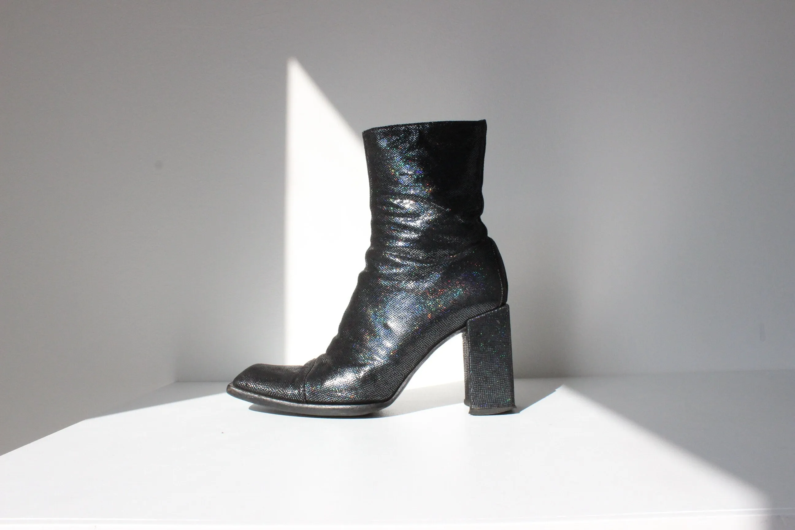 90s Michel Perry Holographic Leather Boots w/ Block Heel ~ Euro 39