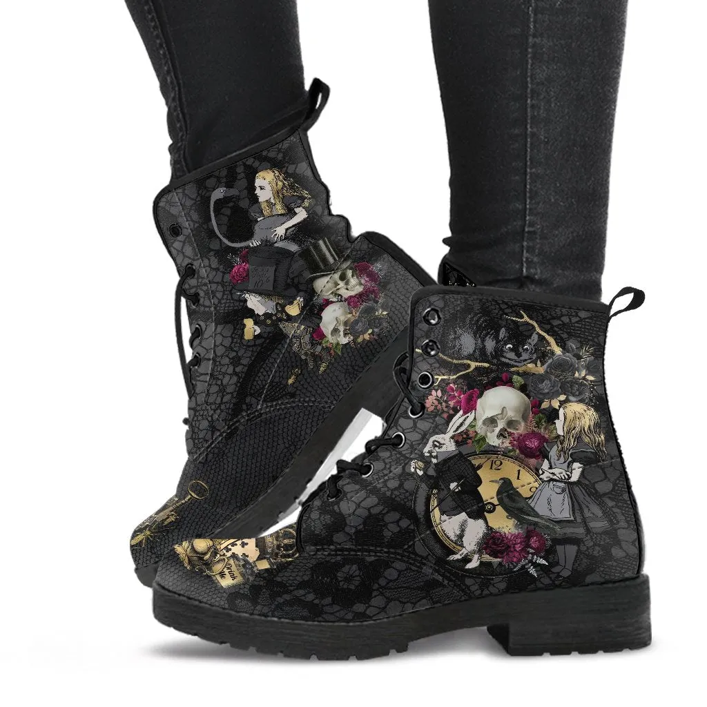 Combat Boots - Alice in Wonderland Gifts #101 Goth Series | Custom Shoes, Women's Black Hipster Boots, Vegan Leather Boots, 90s Women's Boots