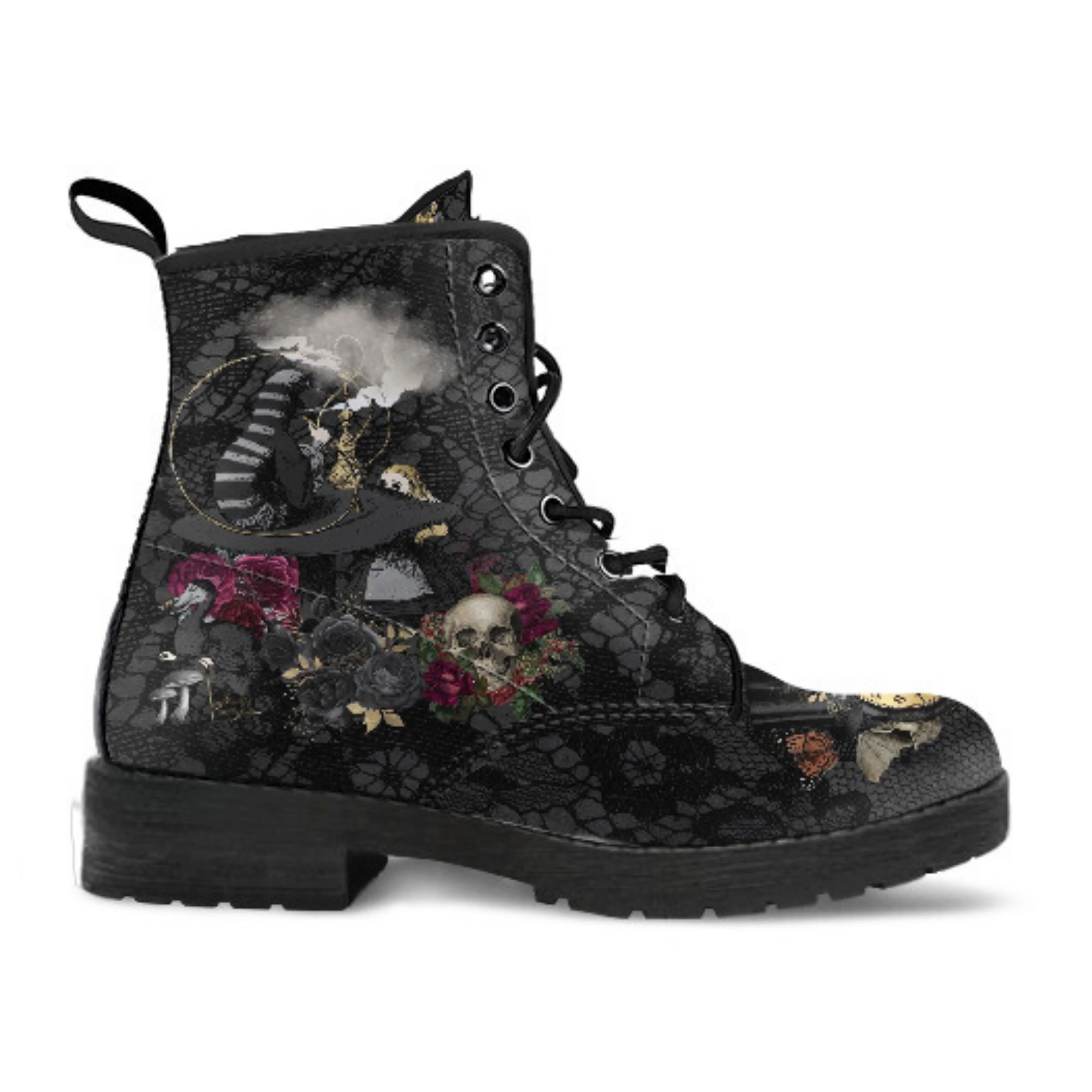 Combat Boots - Alice in Wonderland Gifts #101 Goth Series | Custom Shoes, Women's Black Hipster Boots, Vegan Leather Boots, 90s Women's Boots