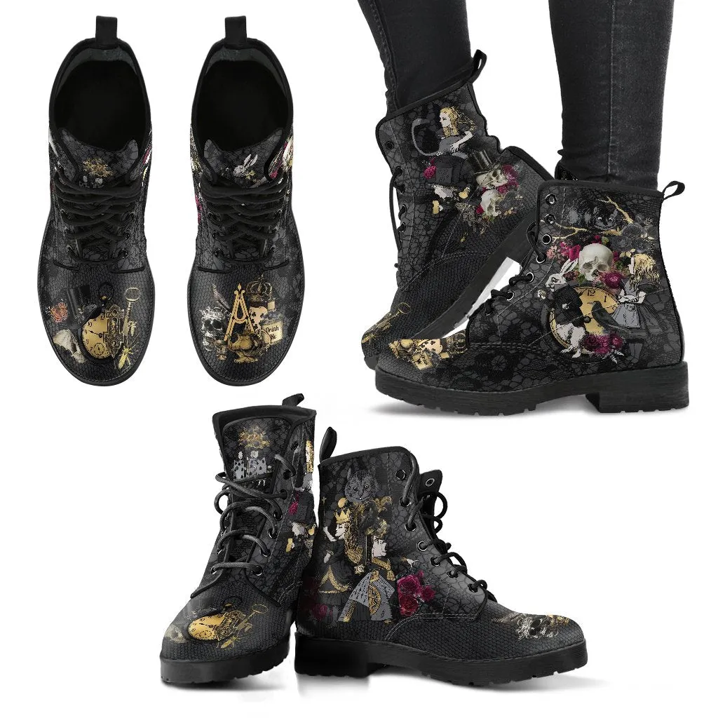 Combat Boots - Alice in Wonderland Gifts #101 Goth Series | Custom Shoes, Women's Black Hipster Boots, Vegan Leather Boots, 90s Women's Boots