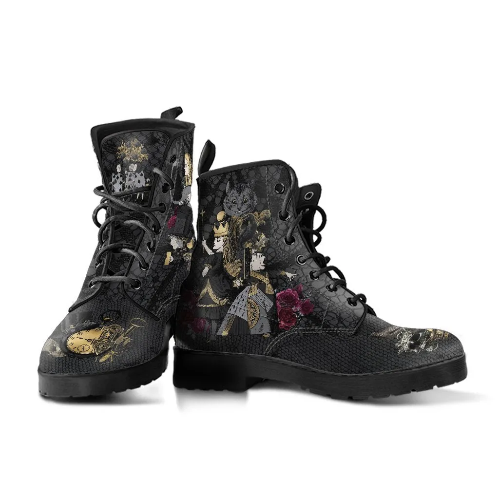 Combat Boots - Alice in Wonderland Gifts #101 Goth Series | Custom Shoes, Women's Black Hipster Boots, Vegan Leather Boots, 90s Women's Boots