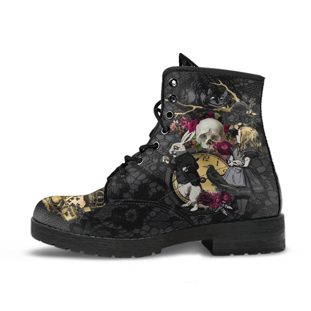 Combat Boots - Alice in Wonderland Gifts #101 Goth Series | Custom Shoes, Women's Black Hipster Boots, Vegan Leather Boots, 90s Women's Boots