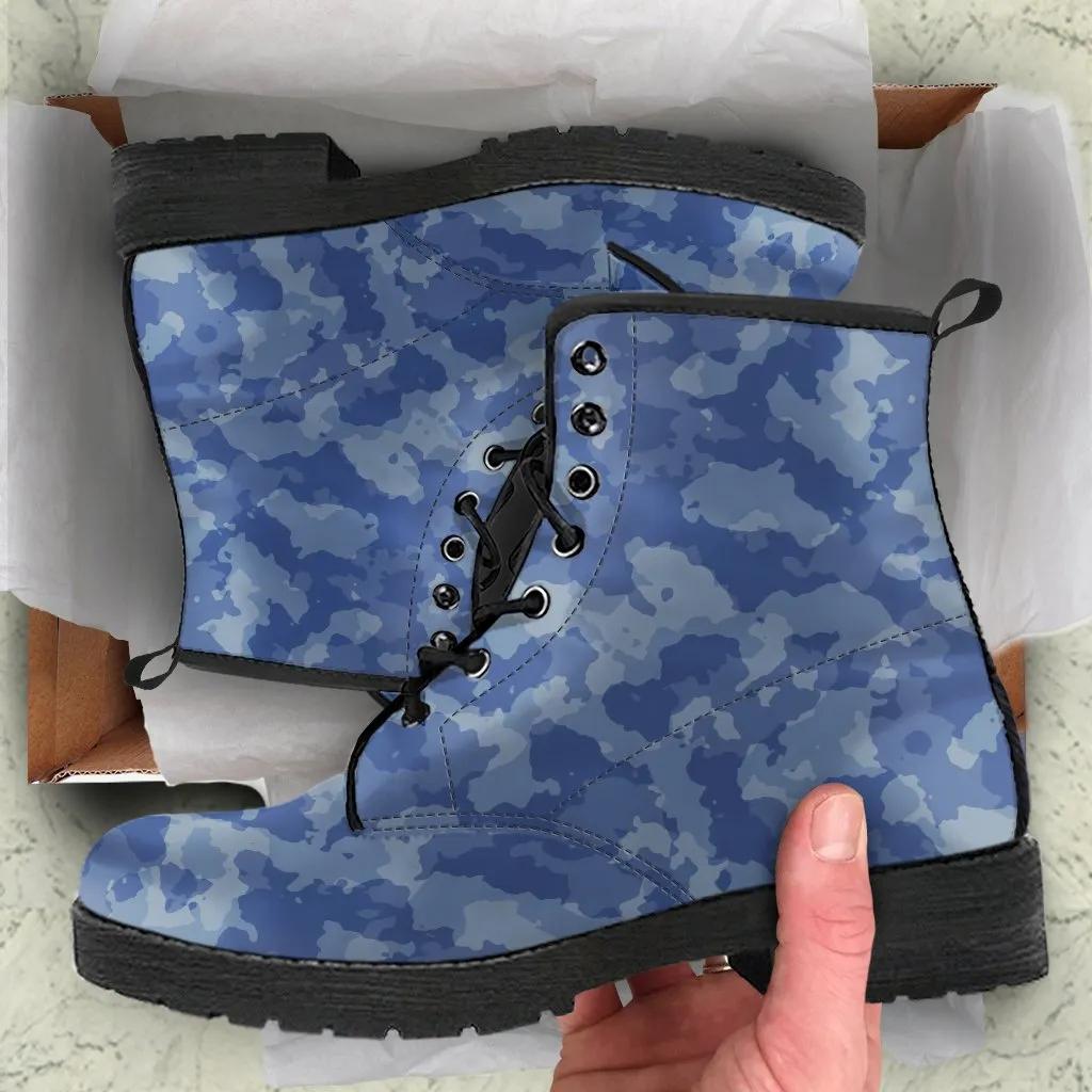 Combat Boots - Blue Camouflage | Boho Shoes, Handmade Lace Up Boots, Vegan Leather Lace Up Boots, 90s Boots, 2000s Boots, Hipster Boots