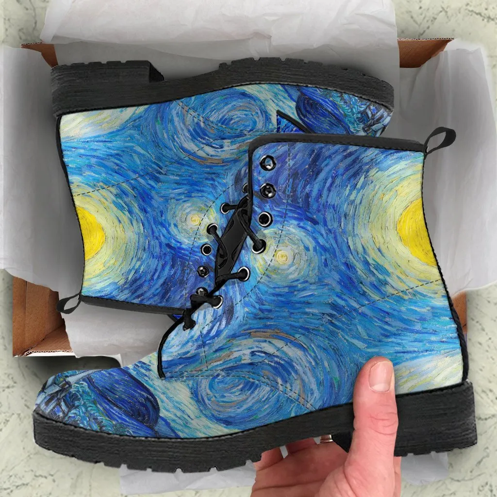 Combat Boots - Vintage Art | Vincent van Gogh: The Starry Night | Custom Shoes, Vegan Leather Boots, 90s Boots, 2000s Boots