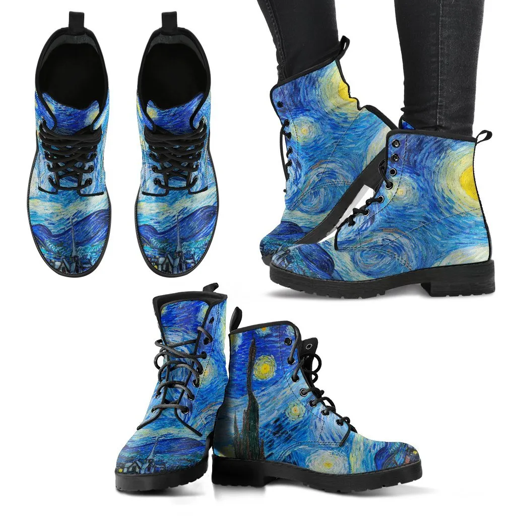 Combat Boots - Vintage Art | Vincent van Gogh: The Starry Night | Custom Shoes, Vegan Leather Boots, 90s Boots, 2000s Boots