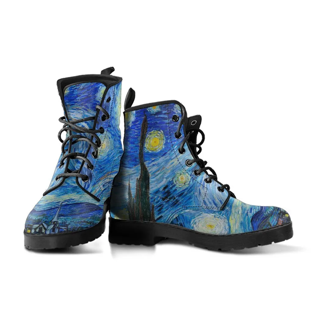 Combat Boots - Vintage Art | Vincent van Gogh: The Starry Night | Custom Shoes, Vegan Leather Boots, 90s Boots, 2000s Boots