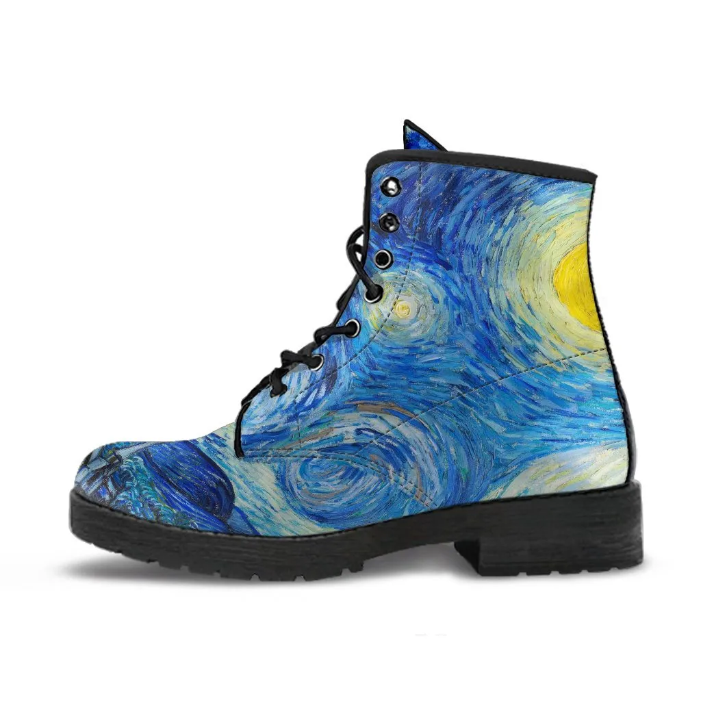 Combat Boots - Vintage Art | Vincent van Gogh: The Starry Night | Custom Shoes, Vegan Leather Boots, 90s Boots, 2000s Boots