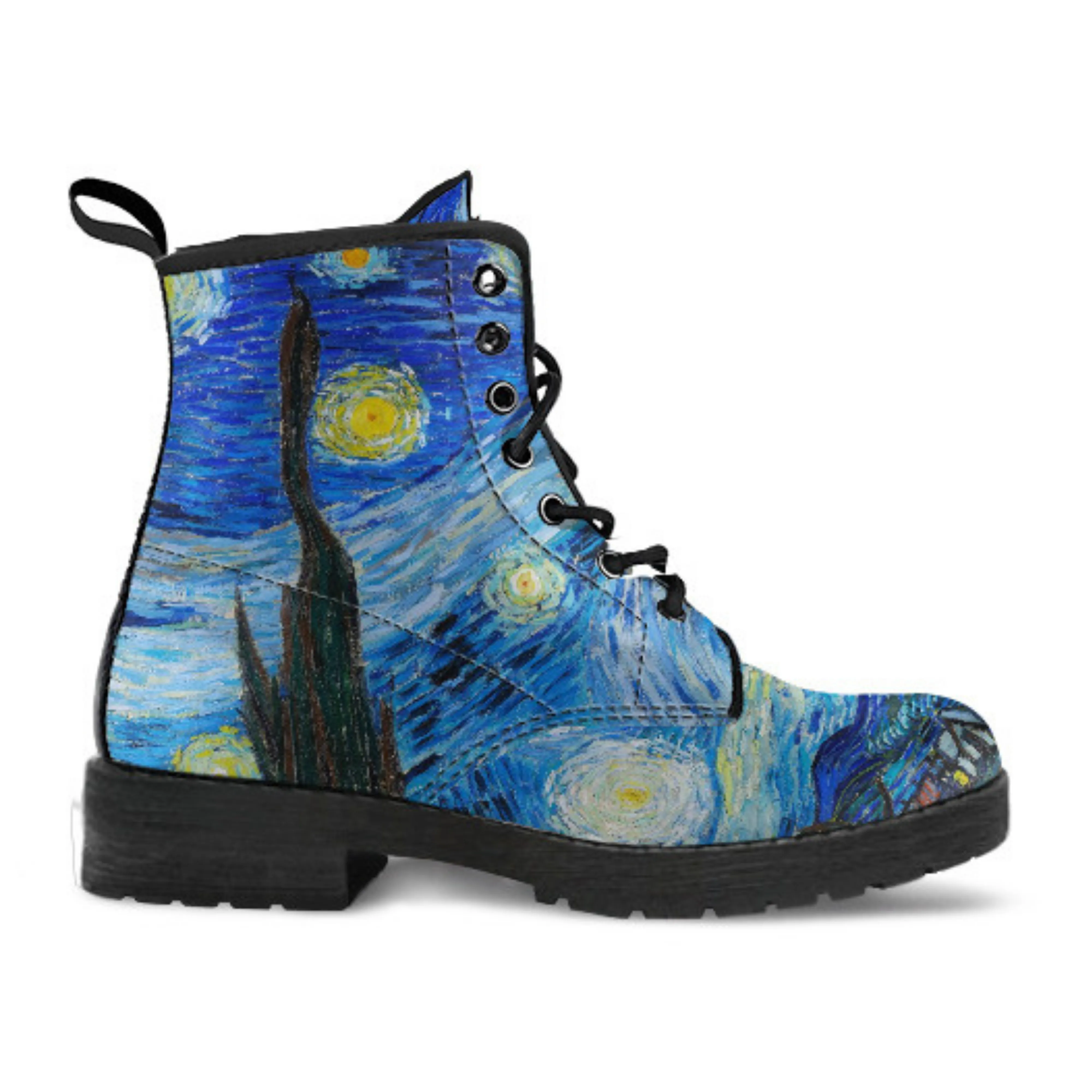 Combat Boots - Vintage Art | Vincent van Gogh: The Starry Night | Custom Shoes, Vegan Leather Boots, 90s Boots, 2000s Boots