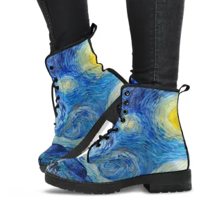 Combat Boots - Vintage Art | Vincent van Gogh: The Starry Night | Custom Shoes, Vegan Leather Boots, 90s Boots, 2000s Boots