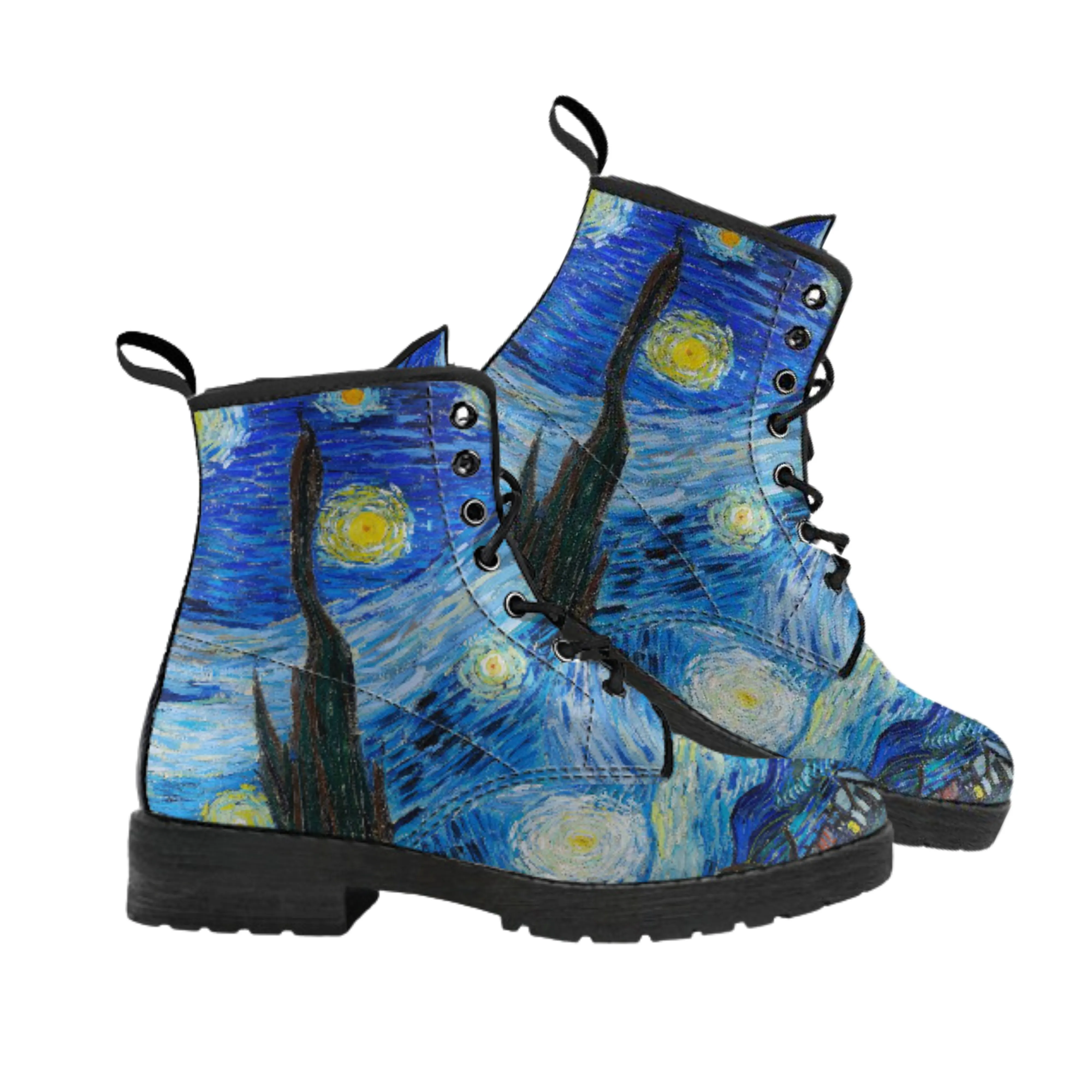 Combat Boots - Vintage Art | Vincent van Gogh: The Starry Night | Custom Shoes, Vegan Leather Boots, 90s Boots, 2000s Boots