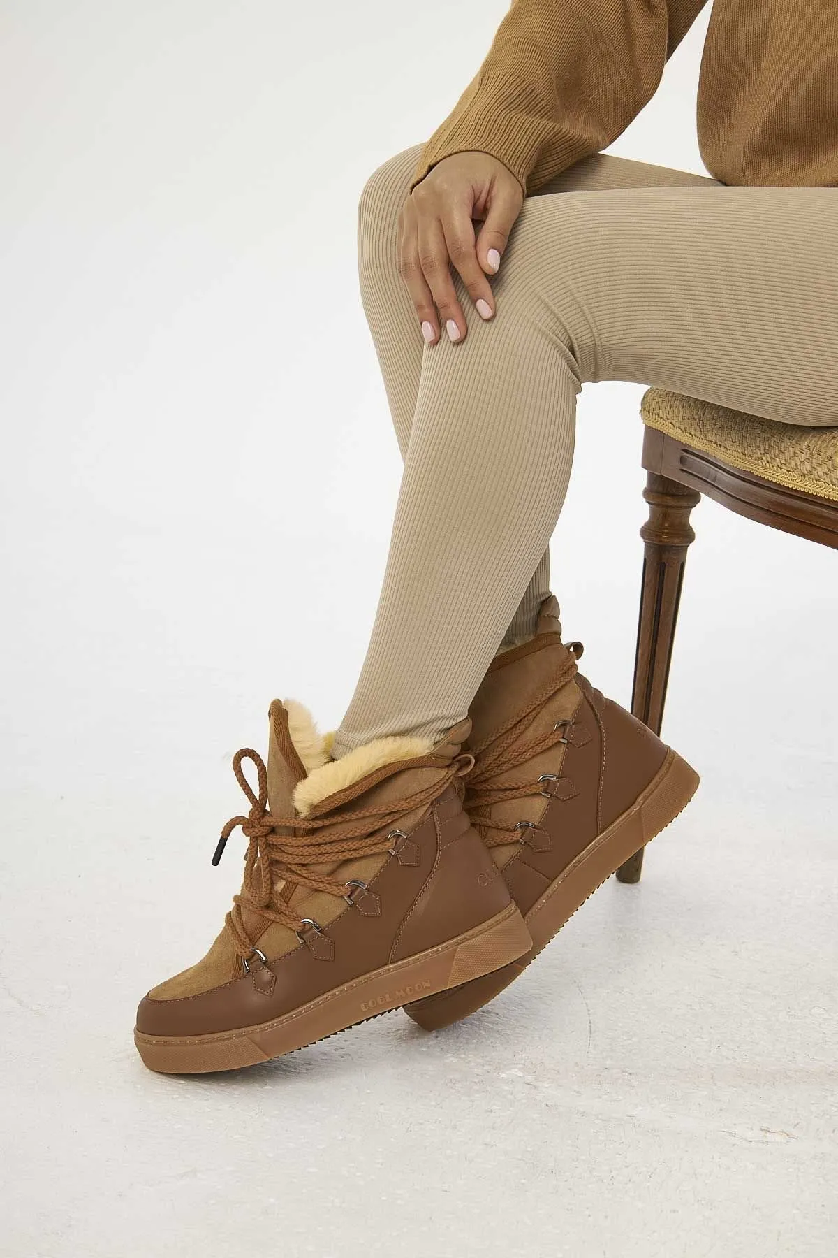 Cool Moon Fur Suede Lace-Up Women's Boot - SCB-365060 Tan