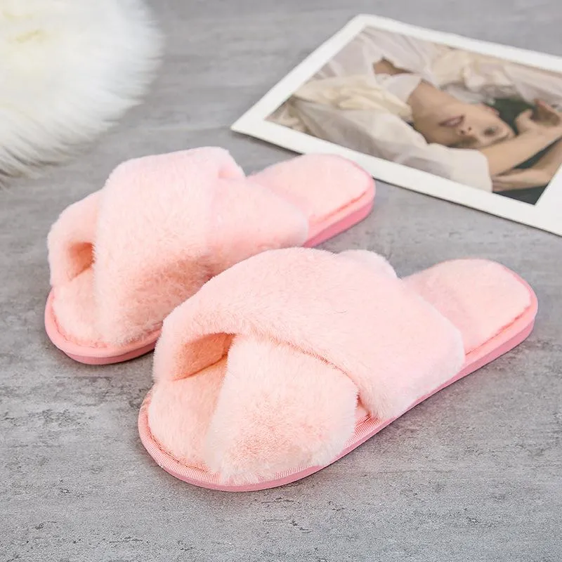 Fashion criss cross furry slippers winter warm house shoes for women