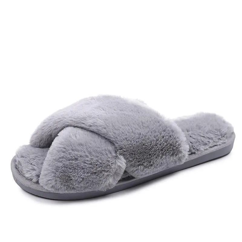 Fashion criss cross furry slippers winter warm house shoes for women