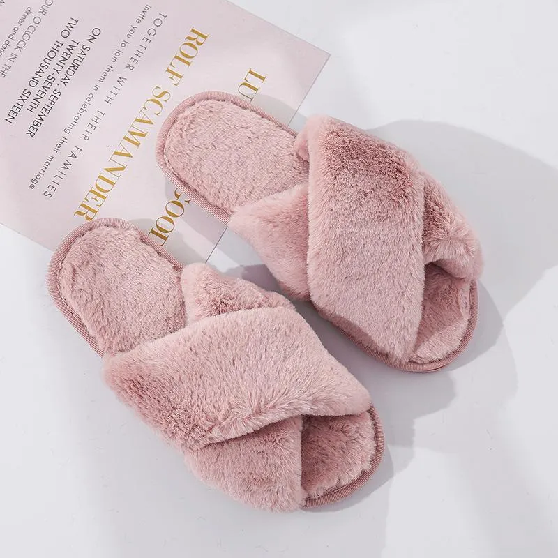 Fashion criss cross furry slippers winter warm house shoes for women
