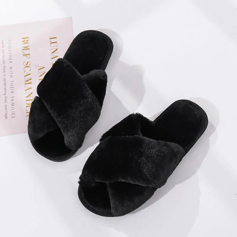 Fashion criss cross furry slippers winter warm house shoes for women