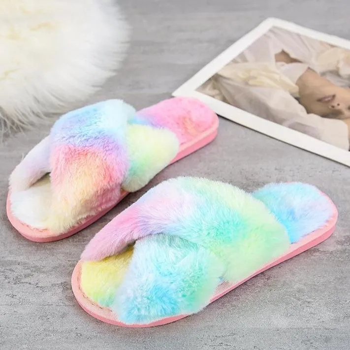 Fashion criss cross furry slippers winter warm house shoes for women