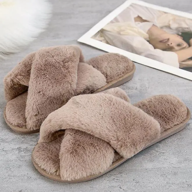 Fashion criss cross furry slippers winter warm house shoes for women