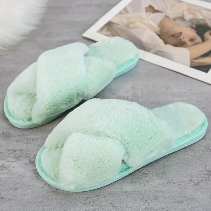 Fashion criss cross furry slippers winter warm house shoes for women