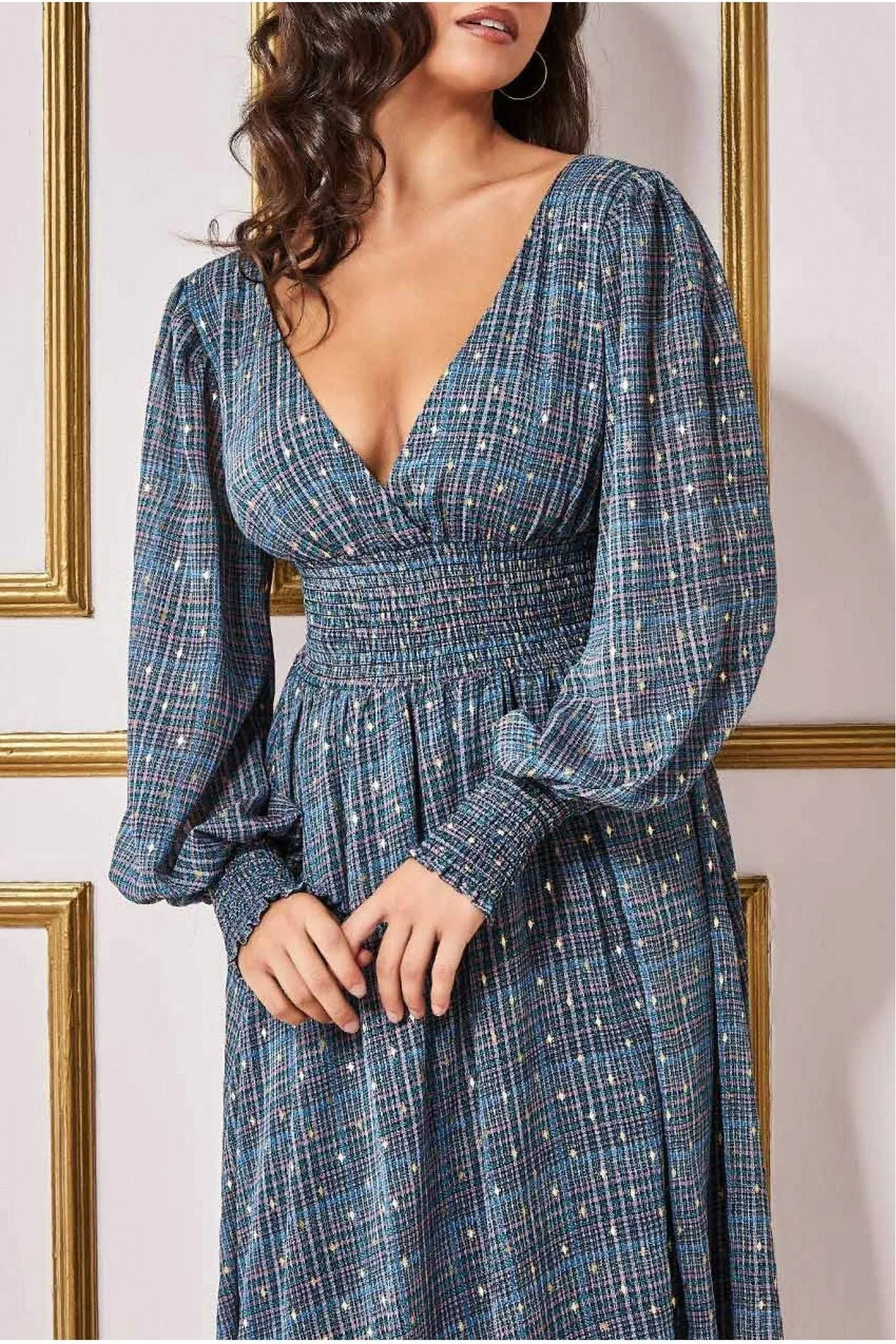 Goddiva Long Sleeve Midi Shirred Waistband - Check Print