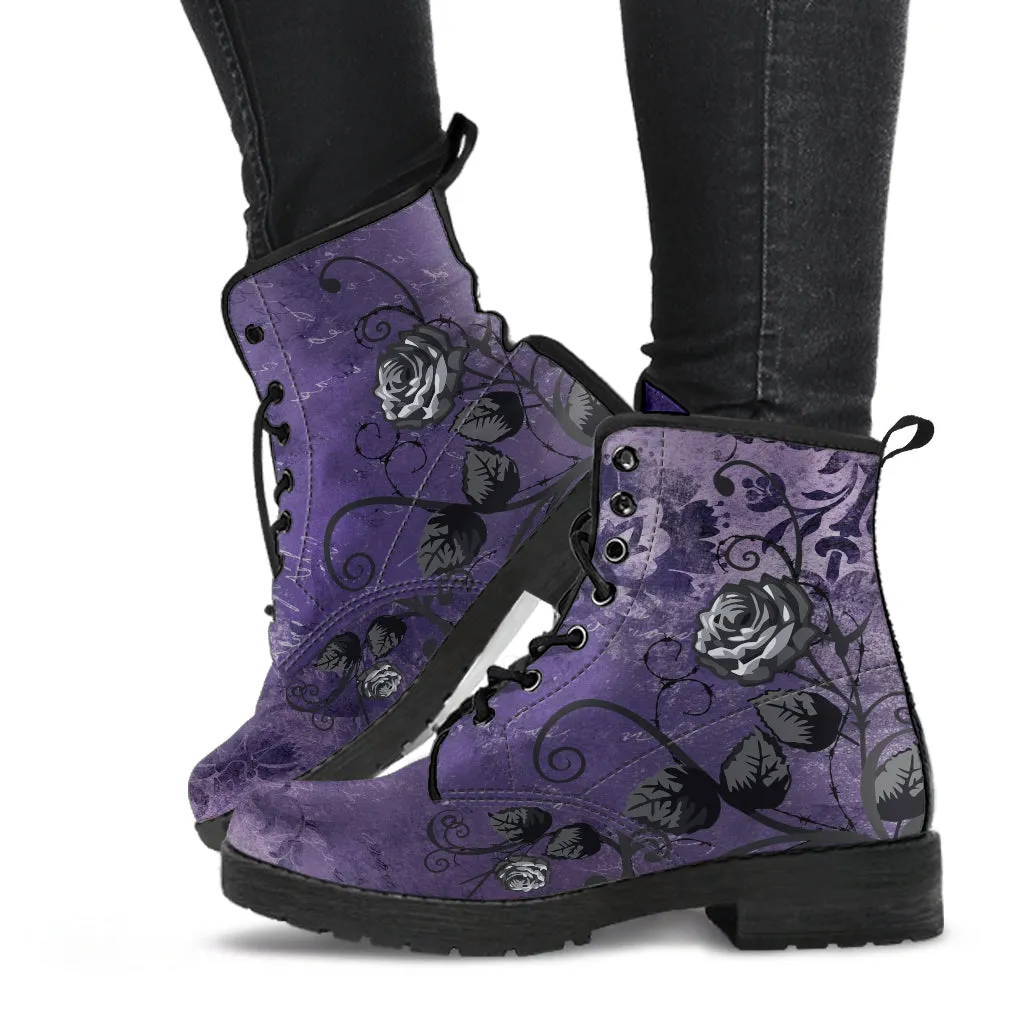 Purple Combat Boots - Gray Roses Dark Grunge Purple| Purple Boots for Women, Vegan Leather Lace Up Boots Women, Handmade Women's Boots, Custom Shoes