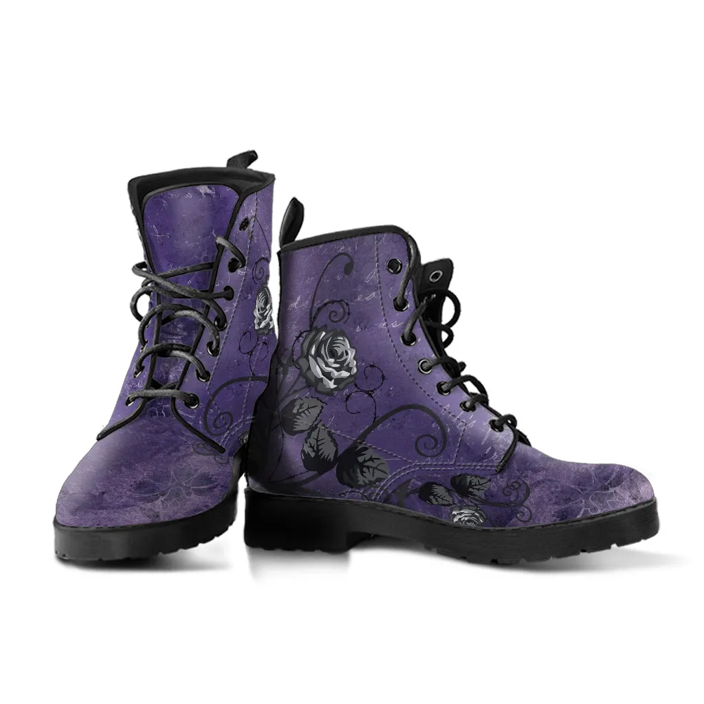 Purple Combat Boots - Gray Roses Dark Grunge Purple| Purple Boots for Women, Vegan Leather Lace Up Boots Women, Handmade Women's Boots, Custom Shoes