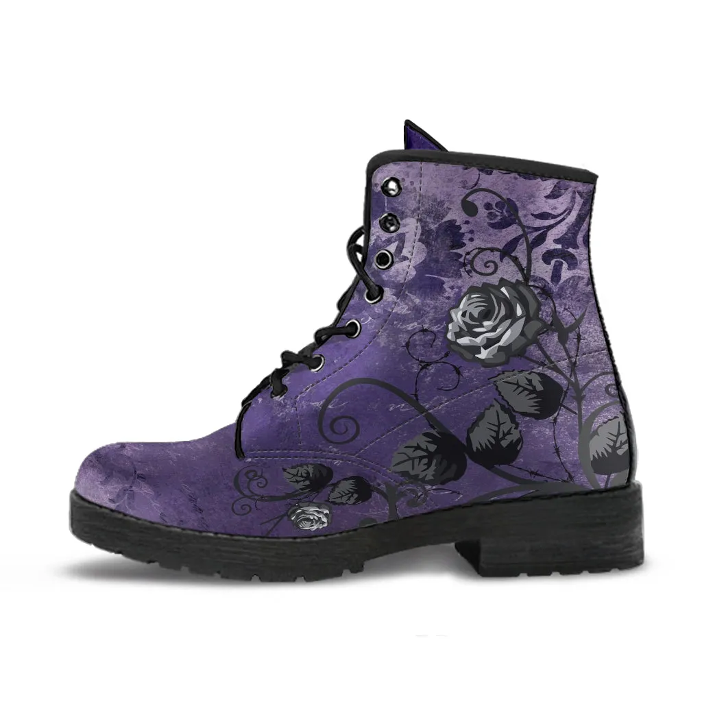 Purple Combat Boots - Gray Roses Dark Grunge Purple| Purple Boots for Women, Vegan Leather Lace Up Boots Women, Handmade Women's Boots, Custom Shoes