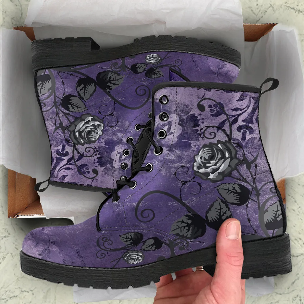 Purple Combat Boots - Gray Roses Dark Grunge Purple| Purple Boots for Women, Vegan Leather Lace Up Boots Women, Handmade Women's Boots, Custom Shoes