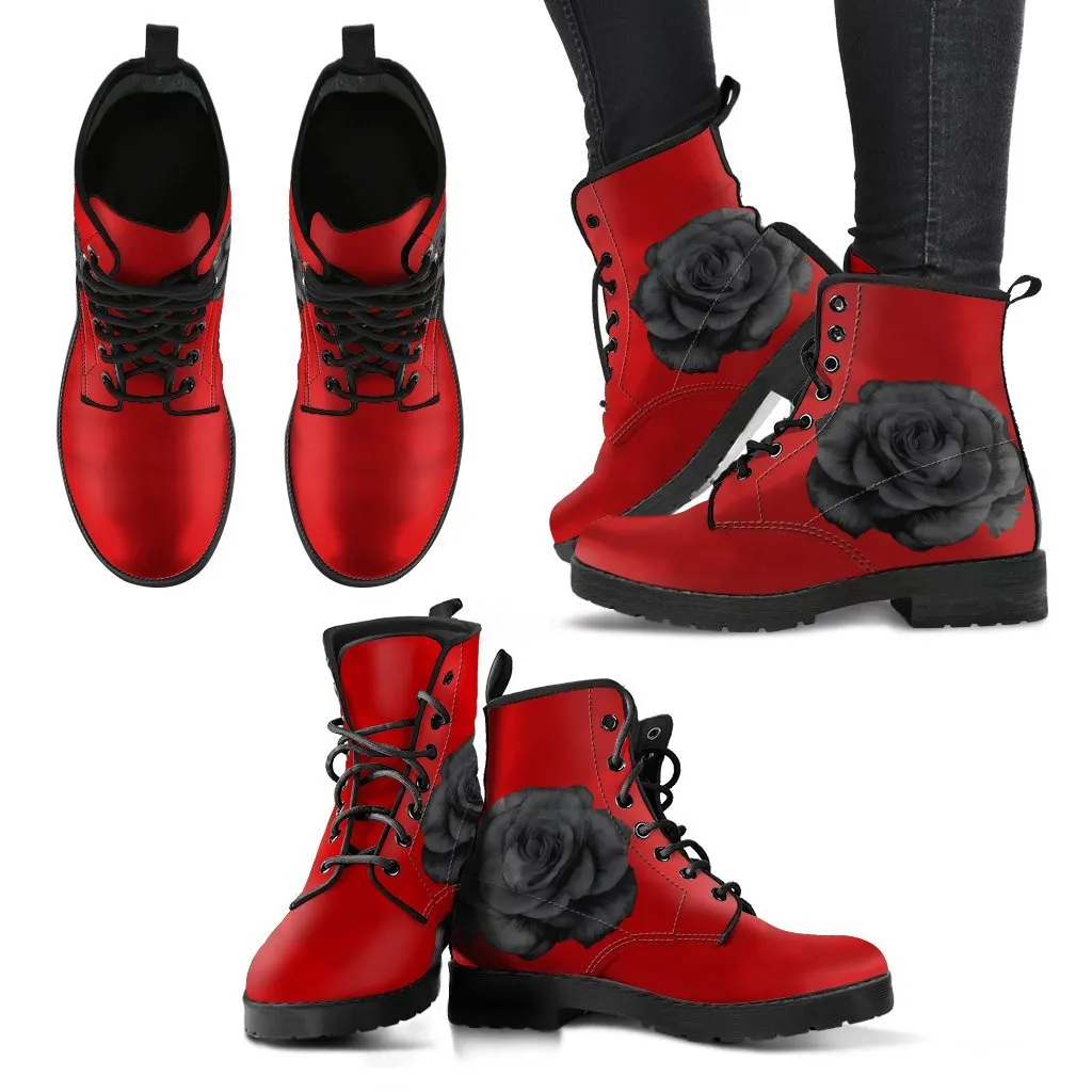 Red Combat Boots-Roses